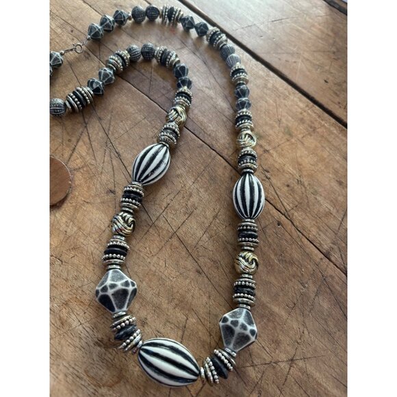 Handcrafted Black & White Beaded Necklace With Gold Accents - 28" Long - Picture 2 of 7
